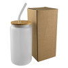 A drink bottle features a frosted glass body, a bamboo lid, a clear straw, and a cardboard box.