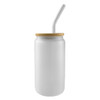 A frosted glass tumbler with a bamboo lid and stainless steel straw, designed for beverages.