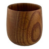 A wooden coffee cup in a warm brown tone, featuring a circular logo on the side.