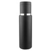 A drink bottle with a sleek black design and a silver band. It features a logo and has a smooth finish.