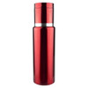 A drink bottle in shiny red with a silver band, designed as a stylish flask. It features a logo on the body.