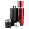 A drink bottle set featuring a sleek black flask, a shiny red flask, and a silver capped container. Each has a logo.