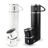 A drink bottle in matte black and white, accompanied by two matching black mugs. The set features a logo.