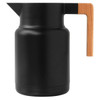 A drink bottle featuring a sleek black design with a wooden handle and a spout. It has a logo on the surface.
