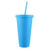 A blue solid mug with a lid and straw, designed for drinks. It features a logo on the front.