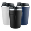 A drink bottle set featuring three reusable coffee mugs in white, black, and navy blue, each with a secure lid and silver detailing.