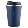 A reusable coffee cup in navy blue with a black lid and metallic band. It features a logo.