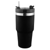 A drink bottle featuring a black body with a silver band and a clear lid with a straw. It has a branding logo.