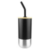 A drink bottle featuring a black exterior, stainless steel base, and a black straw. It has a lid and a logo.
