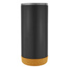 A travel mug featuring a matte black exterior and a cork base, with a metallic lid. It has a simple and modern design.