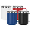 A drink bottle featuring a sleek design in white, blue, red, and black, with a silver lid and handle.