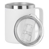 A white travel mug with a stainless steel rim and a clear lid. It features a sturdy handle and a smooth surface.
