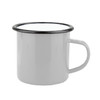 A grey enamel camper mug with a black rim and a sturdy handle. It features a logo on the side.