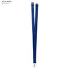 Navy blue polyester lanyard, 20mm wide, featuring a clip and logo branding. Suitable for exhibitions and events.