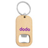 A drink bottle opener keyring in natural wood with a metal opener and a logo in purple.
