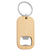 A drink bottle opener key ring made of bamboo, featuring a silver metal opener and attached key ring.