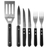 A black-handled BBQ set including a spatula, knife, serrated knife, and two forks, all with stainless steel blades.