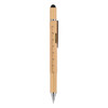 A bamboo tool pen featuring a silver tip, black stylus end, and a small ruler along the barrel. It has a logo.