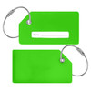A bright green silicone luggage tag with metal attachment loops, featuring a blank name field for personalisation.