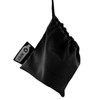 A black shower poncho compactly packed in a small drawstring pouch with a branding label.