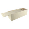 A wooden box containing a large Jenga set with multiple wooden blocks and a sliding lid, featuring a natural finish.