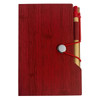A red sticky note pad with a textured finish, featuring a pen secured by an elastic band on the side.