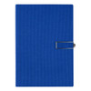 A blue notebook with a textured cover and an attached metal clasp, featuring a logo on the front.