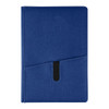 A blue notebook with a textured cover and a black pocket on the front. It features a logo.