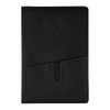 A black notebook with a textured finish and a front pocket, featuring a logo on the cover.