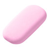 A pink rubber eraser with a smooth, rounded shape, featuring a simple design. It has a logo on one side.