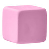 A pink rubber cube eraser with smooth edges, featuring a simple design and a logo.