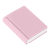 A pink book-shaped rubber eraser with a smooth finish and a rounded spine, featuring a logo on the front.