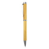 A bamboo pen with a metal clip and silver accents, featuring a natural wood finish. It has a sleek design and branding.
