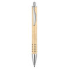 A metal pen with a light wooden body and silver accents, featuring a sleek design and a logo.