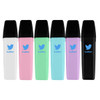A set of six highlighters in white, pink, mint green, light purple, black, and turquoise, each featuring a logo.