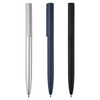 Three metal pens in silver, navy blue, and black, featuring sleek designs and a branding logo.