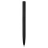 A sleek black metal pen with a smooth finish and a capped design. It features a logo on the surface.