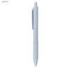 A light blue plastic pen with a grip and a clip, featuring a logo.