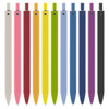 A collection of plastic pens in various colours including pink, orange, yellow, green, blue, purple, and black, with a logo.