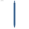 A light blue plastic pen with a minimalistic design and a branding logo on the barrel.