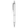 A silver plastic pen with a textured grip and a clip, featuring a branding logo on the barrel.