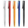 A collection of plastic pens in silver, red, orange, blue, and black, each featuring a clip and a logo.