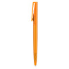 An orange plastic pen with a clip and a logo on the barrel.