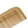A bamboo comb in a light brown shade with a smooth finish and wide teeth, featuring a small logo.