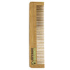 A bamboo comb with a simple design, featuring fine and wide teeth, and a logo on the side.