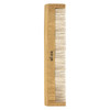 A bamboo comb featuring fine and wide teeth, showcasing a natural wood finish with a logo.
