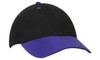 A black cap with a purple curved peak and stitching, featuring a logo on the front.