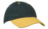 A cap featuring a dark green crown and a yellow peak, with ventilation holes and a branded logo.