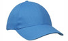 A blue cap with a curved brim and an adjustable strap at the back, featuring a logo.