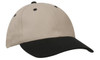 A cap with a beige crown and a black brim, featuring stitching details and a logo.